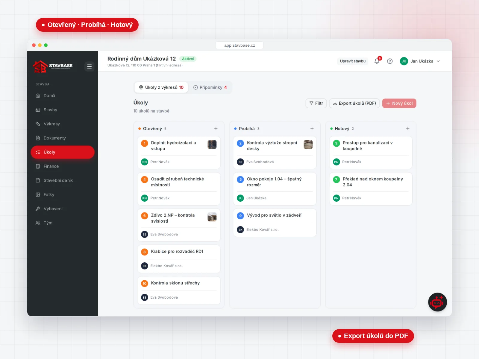 Kanban úkolů ve sloupcích Otevřený, Probíhá a Hotový
